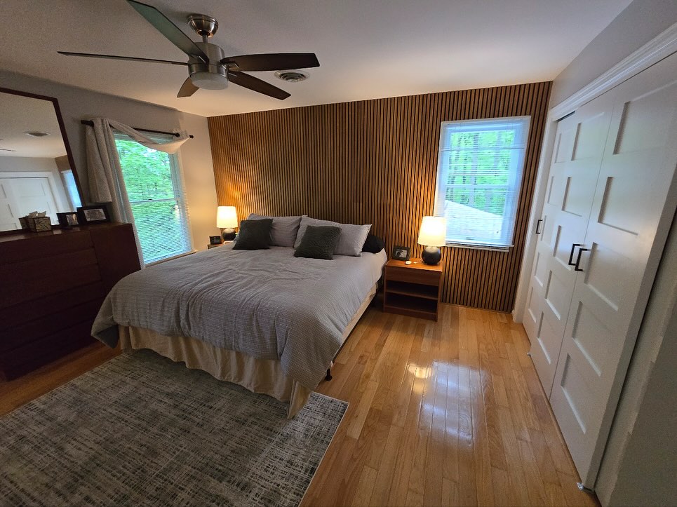Master bedroom upgrade with new slat accent wall feature, fresh paint, and more
